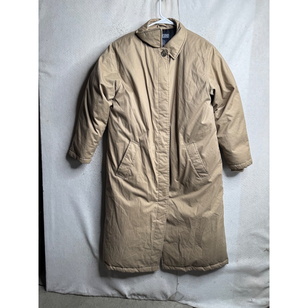 Lands End Mens Long Down Parka Coat Khaki Tan Goosedown Insulated Size M 10-12